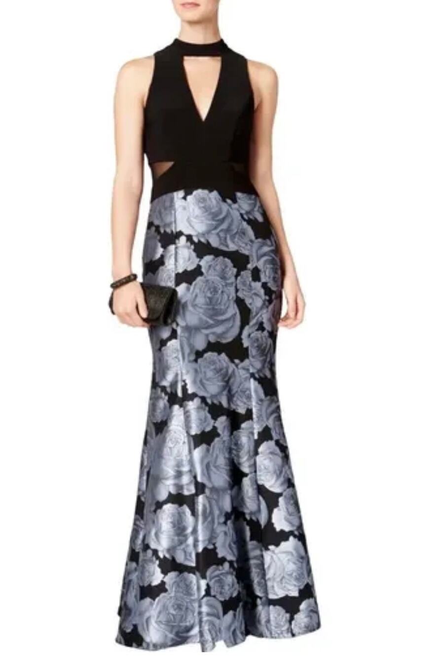 XSCAPE Black Evening Gown Floral Jacquard Cut Out Formal Mermaid Dress Size 6